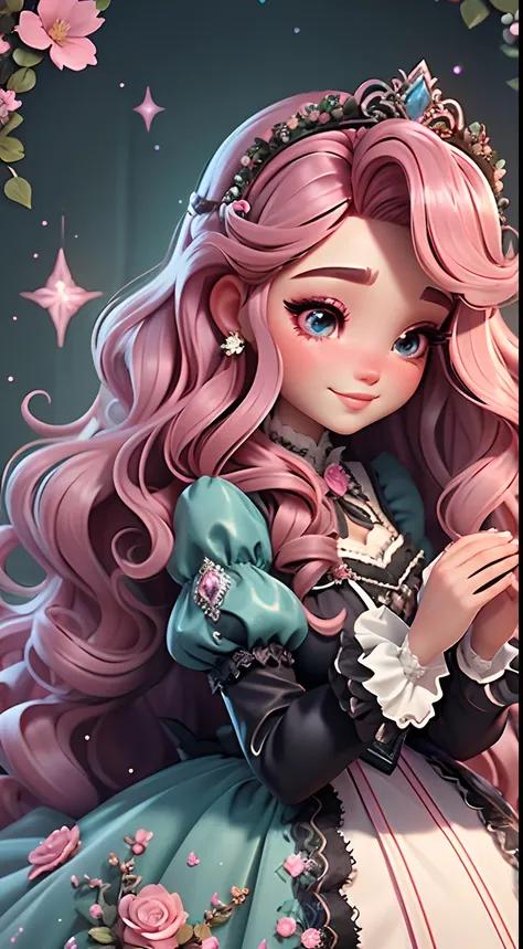 Enter a magical kingdom as Barbie With twinkling handles and a flower crown, She spreads enchantment in an ethereal forest setting, prism and glitter, with red wavy hair, a black lace Victorian era dress, hazel eye color,