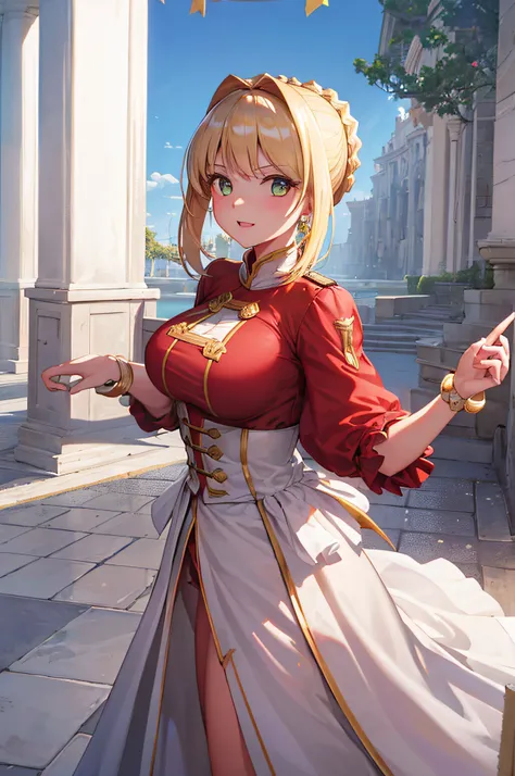 nero claudius, fate, peitos enormes, coxa grande, (pele brilahnte suado: 1.4 ), absurdo, roupa de academia, olho para o espectad...