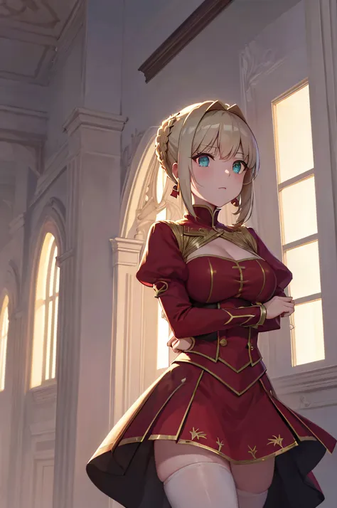 nero claudius, fate, peitos enormes, coxa grande, (pele brilahnte suado: 1.4 ), absurdo, roupa de academia, olho para o espectad...