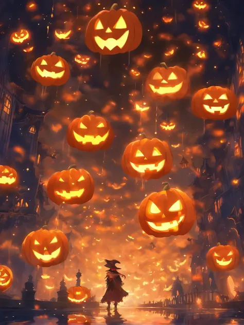 Halloween Floating Lights, Cinematographic light and reflection, glowing lights, Intermediate elements of the metaverse，digital painting, reflets brillants, Reflect, Halloween Jack-o-lantern, Nuit calme, digital illustration, Belle ambiance, Skylights at n...