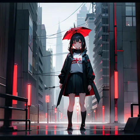 Rainy nights、An urban area lined with buildings、Standing Girl、Black coat、white t-shirts、a black skirt、Black hair with red mesh、Looking at me with contempt