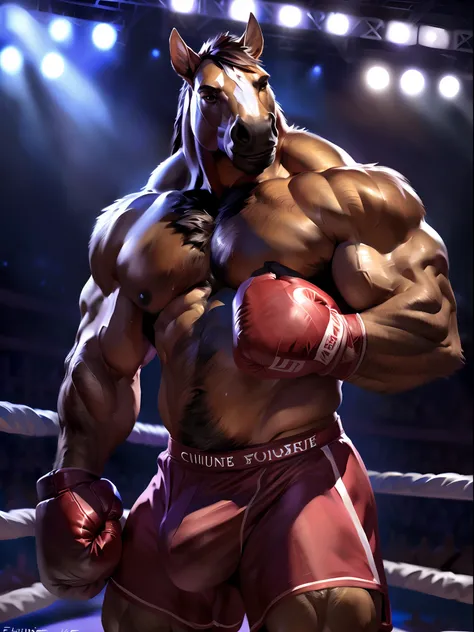 muscular anthro horse wearing boxing gloves. 4k, high resolution, best quality, perfect colors, perfect shadows, perfect lighting, posted on e621, furry body, solo, anthro horse, mane, body hair, older, male, adult, masculine, (heavily muscular, large musc...