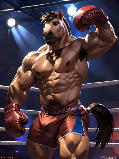 muscular anthro horse wearing boxing gloves. 4k, high resolution, best quality, perfect colors, perfect shadows, perfect lighting, posted on e621, furry body, solo, anthro horse, mane, body hair, older, male, adult, masculine, (heavily muscular, large musc...