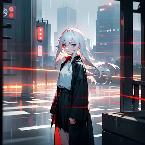 Rainy nights、An urban area lined with buildings、Late Night Tokyo、Standing Girl、Black coat、white t-shirts、a black skirt、White hair with red mesh、Blue eyes with highlights、Looking at me with contempt