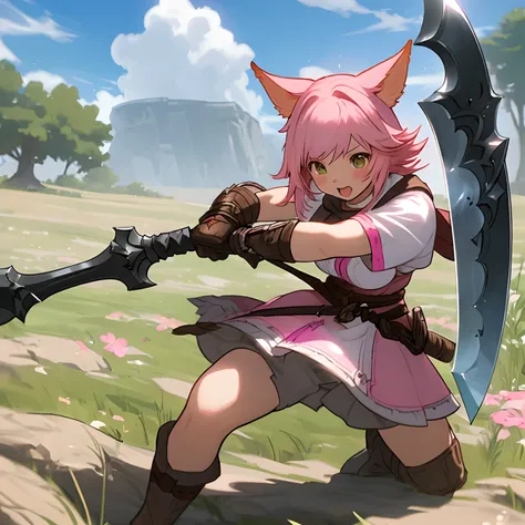 Pink haired miqote slashing with an giant axe in the style of Final Fantasy XIV