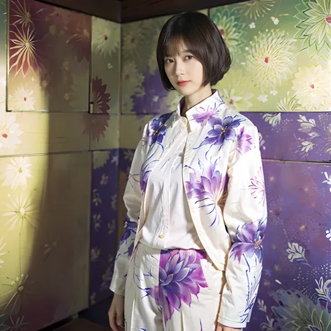 25
(Shorthair:1.23), (a 20 yo woman), (A hyper-realistic), (masutepiece), (8KUHD), Focus on the face, (Fractal Art:1.23), 
Graphic long sleeve shirt printed with anime characters, (Breast:1.23), Wear long pants, (The walls of the room are fractal abstract ...