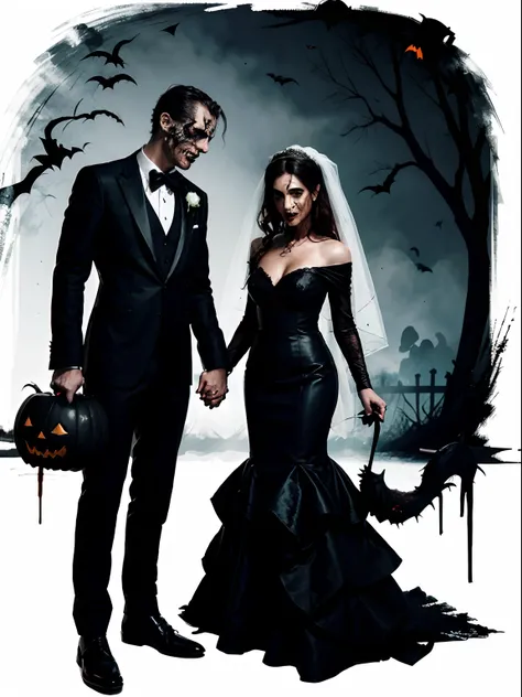 Halloween version of a wedding couple, in the style of nightmarish illustrations, speedpainting, zombiecore, heavy inking, nightmarish creatures, bold shadows.