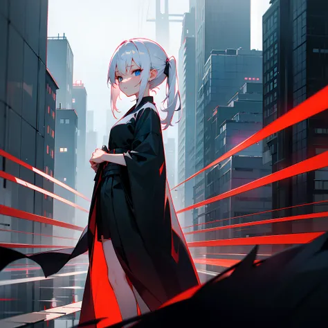 Rainy nights、An urban area lined with buildings、Late Night Tokyo、Standing Girl、The black robe of the magician、white t-shirts、a black skirt、White hair with red mesh、Blue eyes with highlights、Looking at me with no expression