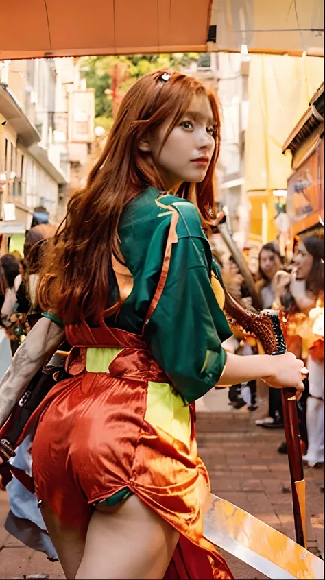 one woman has red-orange hair and is dressed in green and holding a sword, her face is beautiful and realistic,4k