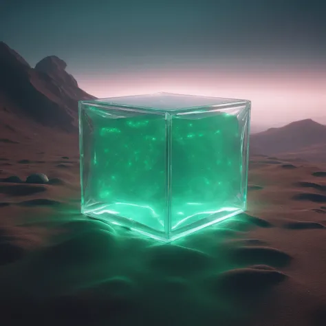 concept art of a light green clear glowing cube on the ground, beautiful realistic atmosphere, environment, detailed, realistic, concept art, unreal engine 5, structure, sci-fi, ray tracing, CGI, perfect visuals, lighting, smooth, movie, screen-space refle...