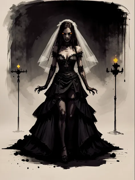 Halloween version of a lonely bride, in the style of nightmarish illustrations, speedpainting, zombiecore, heavy inking, nightmarish creatures, bold shadows.