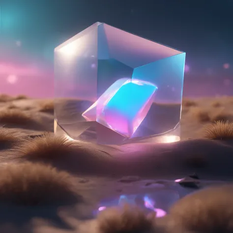 concept art of a opal clear glowing cube on the ground, beautiful realistic atmosphere, environment, detailed, realistic, concept art, unreal engine 5, structure, sci-fi, ray tracing, CGI, perfect visuals, lighting, smooth, movie, screen-space reflections,...