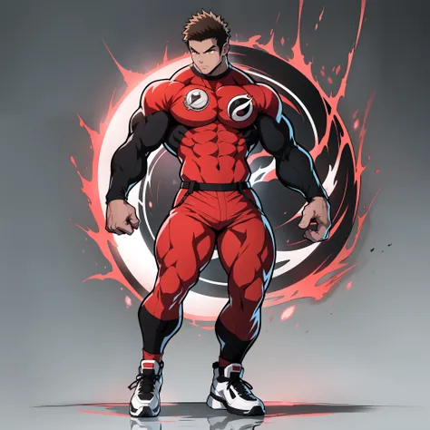 Anime style art, anime style drawing, front image, full body, muscular male character, protagonist, yellow eyes, short hair, hair with spikes, short hair, muscular character, wearing red long sleeve shirt, black sleeves, wearing gray pants, wearing white s...