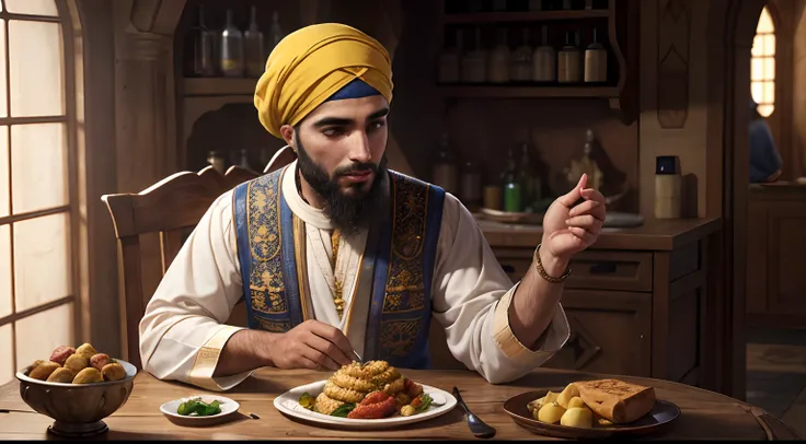 Vieil Homme Arabe, estudioso marroquino com turbante amarelo escrevendo pergaminho antigo, Medieval Arabic, palato, ou, The lighting, garrafa e copo de bebida na mesa cheia de comida, Realista, circunstanciado,