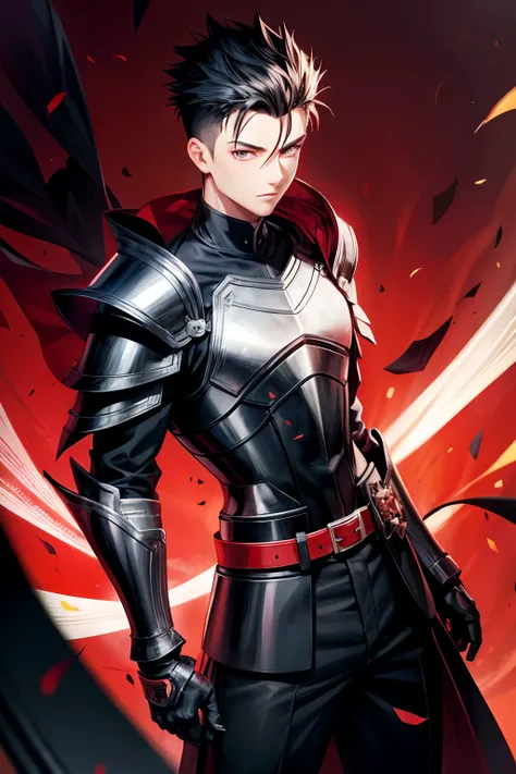 anime, a young man, Black quiff hair with fade, black armor with red details, black background