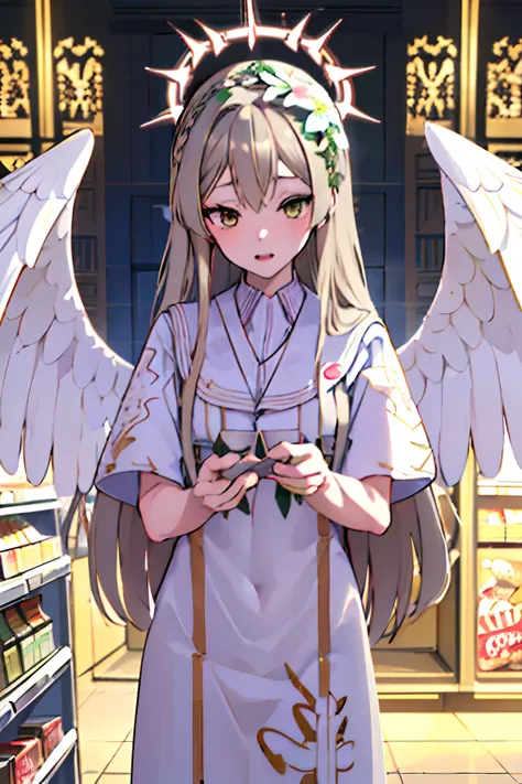 NSFW， 1girll， Official anime art illustration，cabellos largos dorados，long whitr hair，angelic halo，Angel wings，Floral headdress， （glow brown eyes）， （Girl in grocery store aisle）， Perfectly realistic， incredibily detailed， 8K， hyper HD， tmasterpiece， best q...