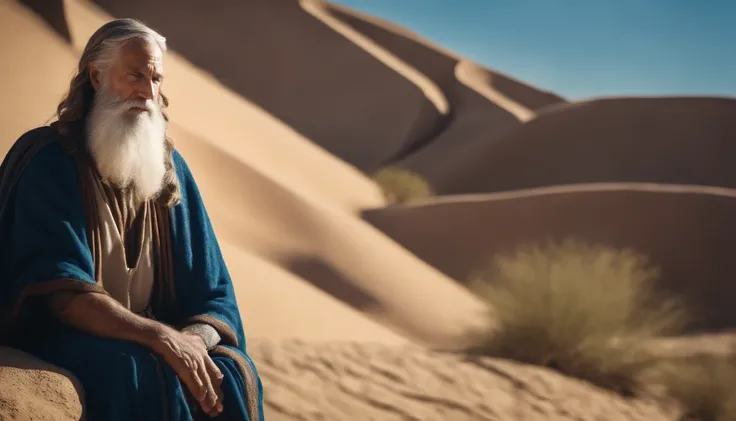 Older Bible Moses With Longer Beard And Arid Desert Background With Very Blue Sky And Sun