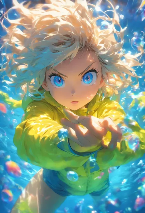 foreshortening,  depth of field, masterpiece, best quality, 1girl, white messy hair, neon blue eyes, underwater, air bubble, solo, looking at viewer, wearing oversized yellow hoodie, swimming,  dappled sunlight,