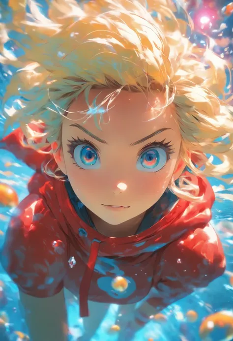 foreshortening,  depth of field, masterpiece, best quality, 1girl, white messy hair, neon blue eyes, underwater, air bubble, solo, looking at viewer, wearing oversized yellow hoodie and a red scarf, swimming,  dappled sunlight,