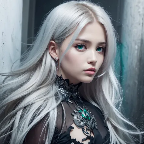 silver hair emerald  eye warrior high warlock female tattoo high cheekbone strong expression angelic quality --auto --s2