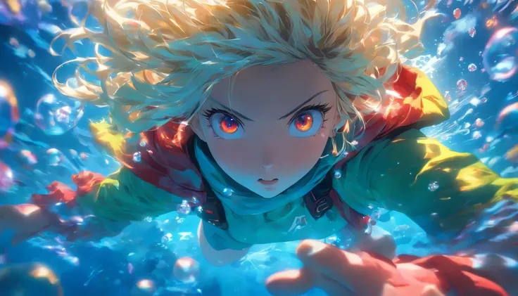 foreshortening,  depth of field, masterpiece, best quality, 1girl, white messy hair, neon blue crystal eyes, underwater, air bubble, solo, looking at viewer, wearing oversized yellow hoodie ,red scarf, swimming,  dappled sunlight , masterpiece