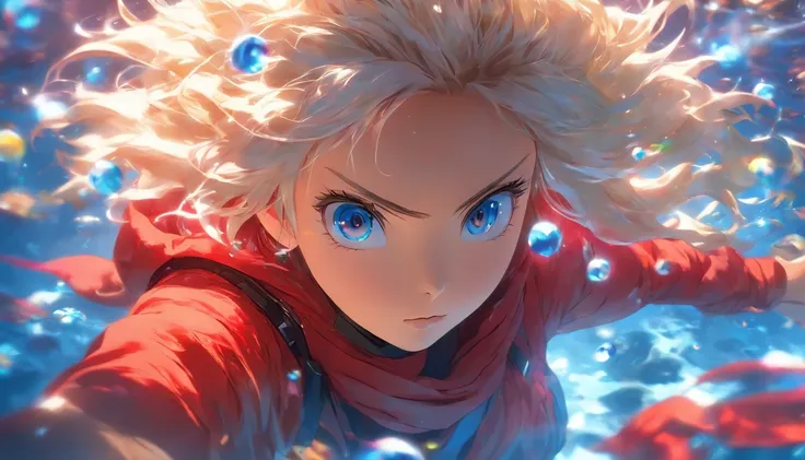 foreshortening,  depth of field, masterpiece, best quality, 1girl, white messy hair, neon blue crystal eyes ,wearing red long scarf, underwater, air bubble, solo, looking at viewer, wearing oversized yellow hoodie , swimming,  dappled sunlight , masterpiec...