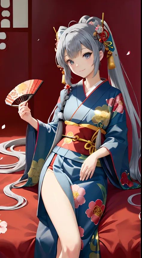 masutepiece, 超A high resolution, Cute Girl, A half body, Chinese ancient style, gray long hair, Red kimono, long hair flowing, double ponytails, Flower Embellishment, Blue eyes, Hairpin, Cute little loli, Cute Cute, Thick Paint, Gentle smile, Holding a fan