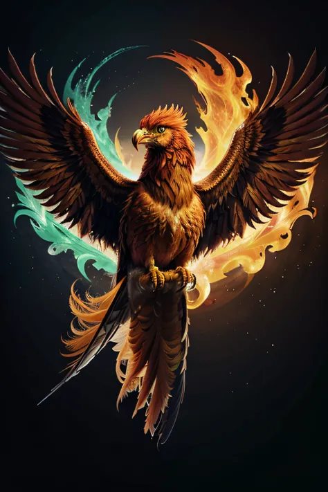 Create a logo with the image of the phoenix. The colors and theme of the image should be related to the birds characteristic hues. The visual representation should be futuristic and dark.