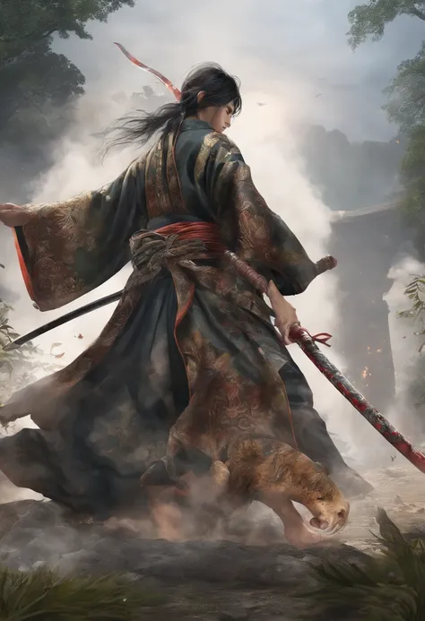 Melhor qualidade, altamente detalhado, 1 Asian,Cabelos Longos,olhos grandes laranja, Feet with shoes, vestindo kimono fechado, usando sapatos, sem nudez, espadachim, guerreira, huntress, Dragon Breath, mountain scenery, floresta, luta batalha, destruction,...