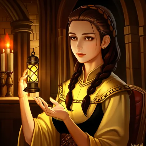 Fair complexion
Slender and graceful
Beautiful
Young woman
Candlelight in a medieval setting
Realistic shot
Dark brown hair
Twin braid hairstyle
Large deep brown eyes
Medieval female clothes
Oil painting
Holding a lantern