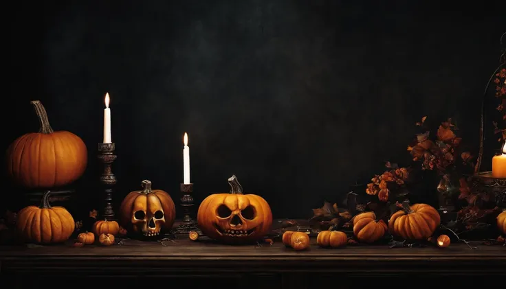 Pintura ART de pared, Dark Gothic Halloween Style Vintage. Spooky Design of Pumpkins and Skulls of the Dead on a Table. Estilo pintura.