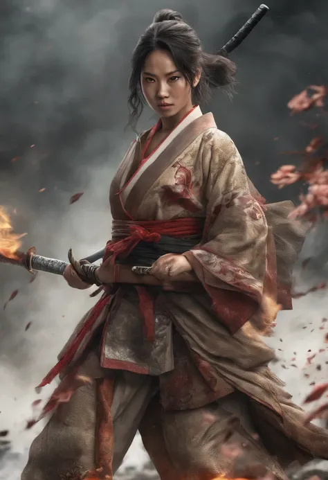 Melhor qualidade, altamente detalhado, 1 European woman, Cabelos castanho, Feet with shoes, vestindo kimono grande, usando sapatos, sem nudez, espadachim, guerreira, huntress, Dragon Breath, mountain scenery, floresta, luta batalha, destruction, poder flui...