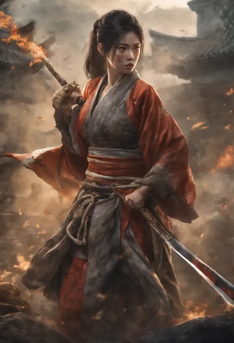 Melhor qualidade, altamente detalhado, 1 Asian,Cabelos Longos,olhos grandes laranja, Feet with shoes, vestindo kimono fechado, usando sapatos, sem nudez, espadachim, guerreira, huntress, Dragon Breath, mountain scenery, floresta, luta batalha, destruction,...