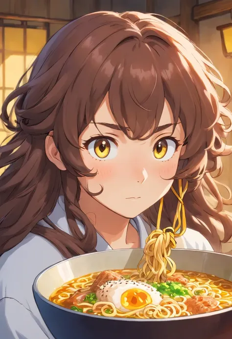 Curly long hair, tied up hair, white skin, brown man, beard, ramen, yellow