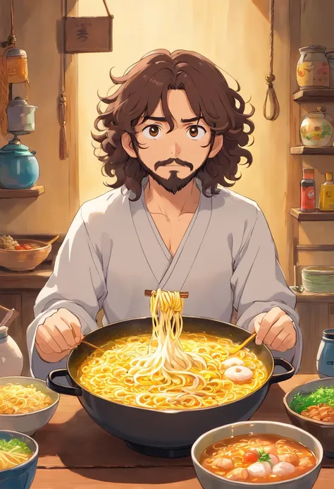 Curly long hair, tied up hair, white skin, brown man, beard, ramen, yellow