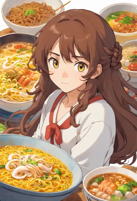 Curly long hair, tied up hair, white skin, brown man, beard, ramen, yellow