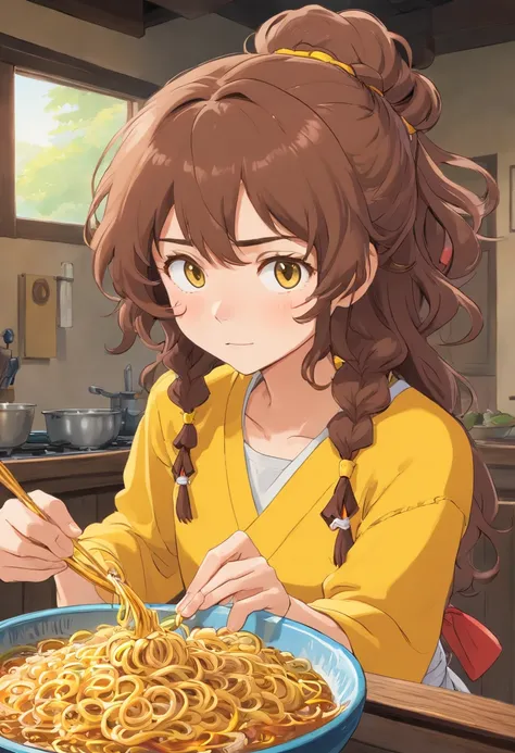 Curly long hair, tied up hair, white skin, brown man, beard, ramen, yellow