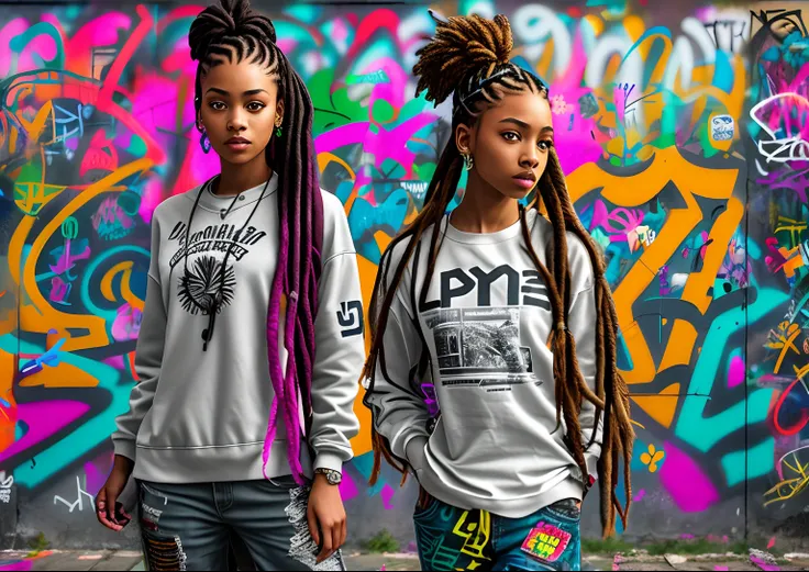 girl with braids, girl with dreadlocks, hip hop style, cypher dance, big city, graffiti wall on background, ultra realistic, UHD, 16k, natural lights, masterpiece-imagine