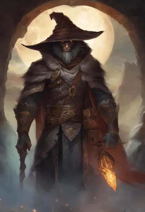 werewolf form, Front, close portrait, male, rogue, malevolent, hiding, dungeon, light armor, black witch hunter hat