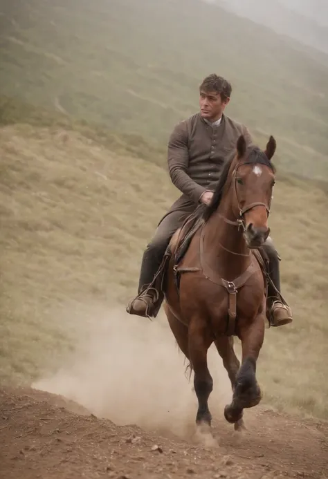 Baldwin montando um cavalo com destreza, utilizando apenas os joelhos, while your right hand remains motionless due to lack of sensation.