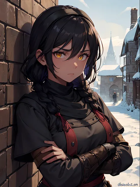 Close up, fantasy world, medieval, cobblestone city, stone house, wood, blacksmith forge, snow, adult woman, black skin, dirty, blacksmith, red clothes, dirty black apron, large black gloves, bandana around neck, brown braided hair, yellow eyes, curious lo...