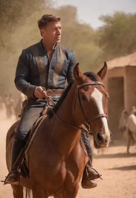 Baldwin riding a horse in Babylon with dexterity, utilizando apenas os joelhos, while your right hand remains motionless due to lack of sensation.