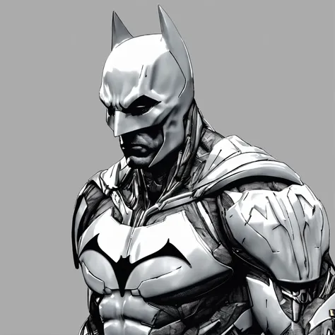 :Realistic white Batman focus on an advanced cybernetic masterpiece suit, cinematico, aerodinamico, alta qualidade ::n_desenho de estilo, Low-quality imperfection, boneco, game, anime