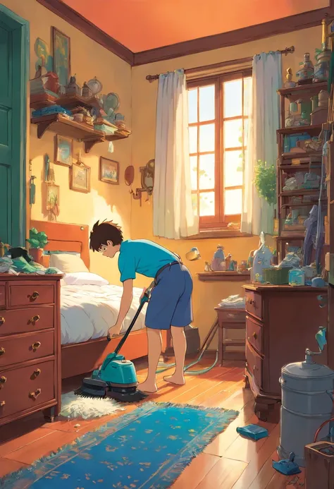 Same boy cleaning his bedroom