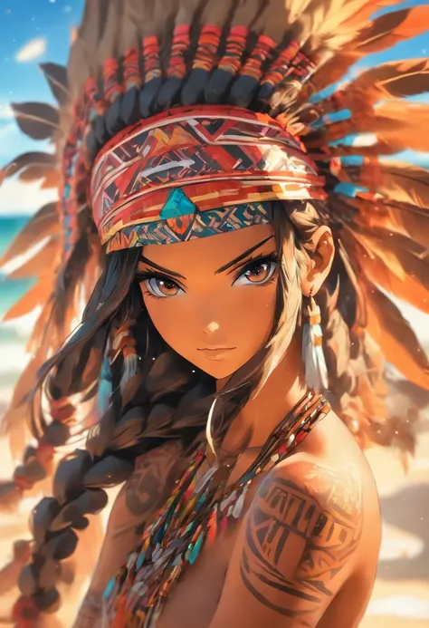 A beautiful indigenous woman in a bikini wearing a headdress, cabelos pretos longos cacheados, rosto bonito, imagem de corpo inteiro, imagem alto detalhe, simetria, Arte de Fantasia