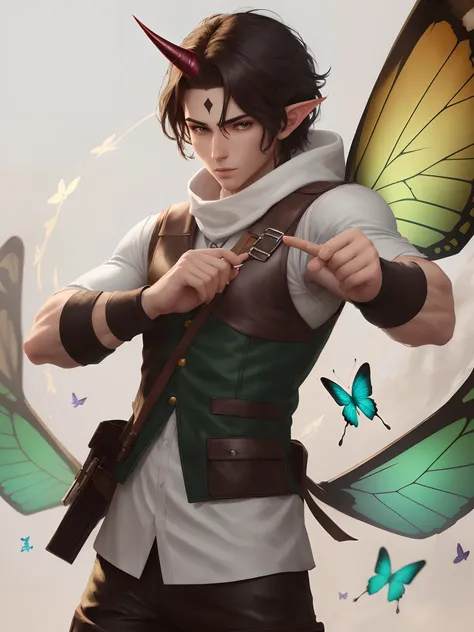 A male fairy ranger scout. He has almond colored skin. He has a ghostly horn on his forehead. He has long elf ears. He has a black balaclava. He is wearing a dark brown leather vest. He has long, green butterfly wings. He is aiming a bow with both hands. H...