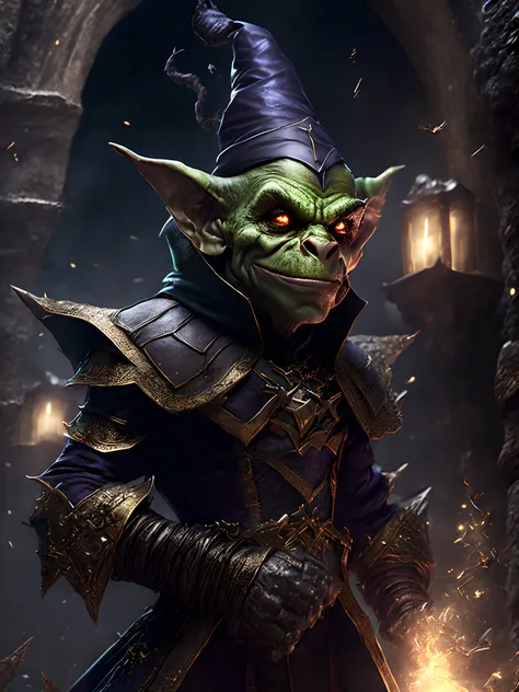 Close-up ( scary goblin wearing a witch costume from Marvel in Goth style: 1.3) emerging from the witches castle, extremely detailed, smoke, sparks, metal shavings, flying debris, volumetric light