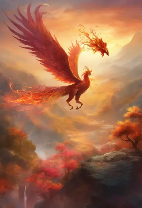 mythological creatures，（（Chinese mythology fire phoenix）），Traditional Chinese elements，Ancient murals，Illustrative myths，Fuyao Legend，Dappled light，Hazy haze，mystical aura，tmasterpiece，k hd，Rich in color，Detailed details，Seven colors