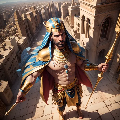 An Egyptian man with Egyptian necklaces on his back, with a golden staff extended in one hand, he is looking down on his entire kingdom, including several houses and people. with Egyptian statues, panoramic style. [wealth, fortune, extremely realistic, 8k,...