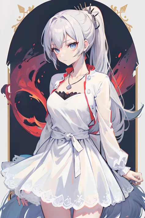 (masutepiece, Best Quality:1.2), Cowboy Shot, Solo, 1girl in, Wisevale, deadpan, Closed mouth, Looking at Viewer, arms folded, Ponytail, scar on eye, White Dress, Jewelry, Necklace, earrings